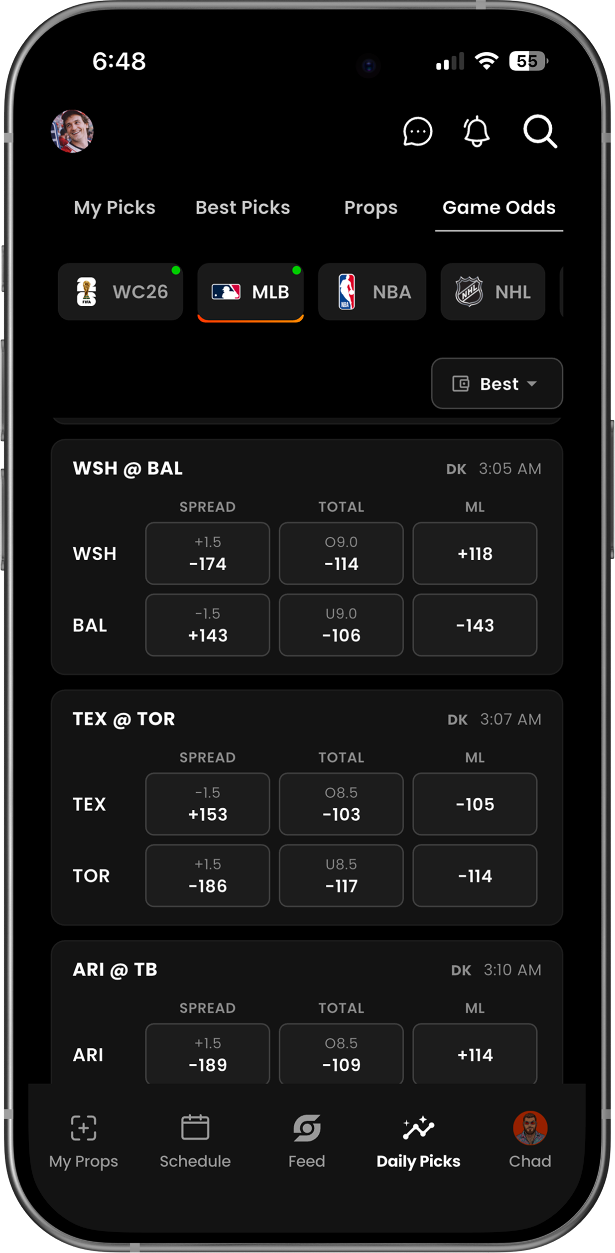 Spread, total, moneyline — best line, every book.
